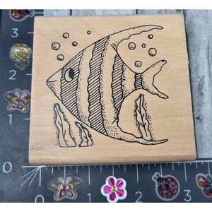 Angelfish Striped Tropical Bubbles Ocean Seaweed Rubber Stamp Wood #C104